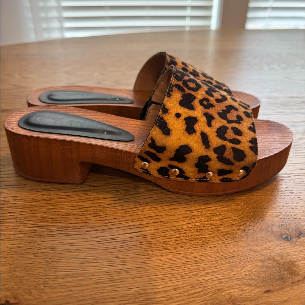 Olivia Miller Leopard Print Mules with Wooden Chunky Heel Platform